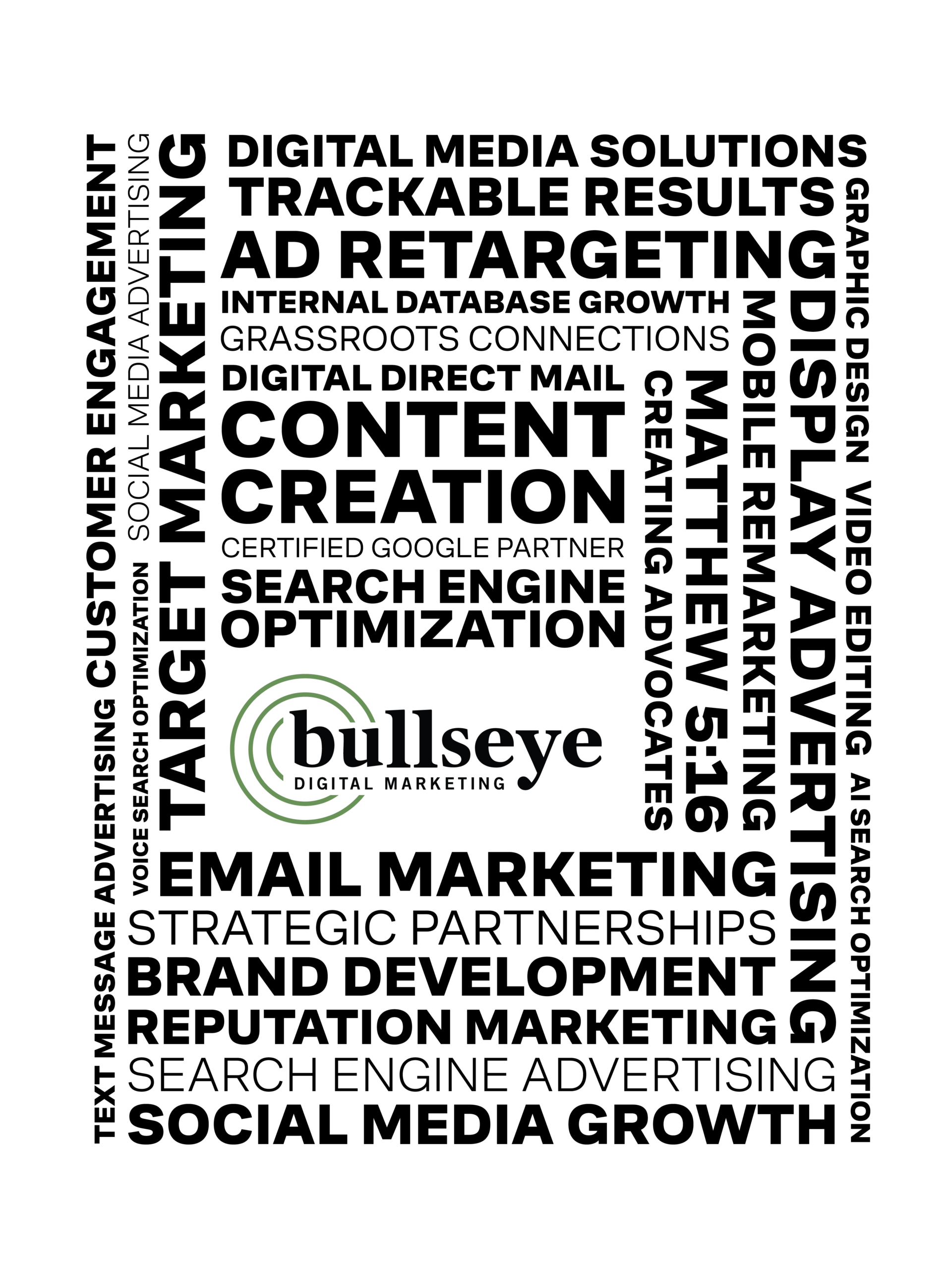 Word cloud of marketing terms surrounding a 'bullseye digital marketing' logo, including content creation, SEO, email marketing, social media, advertising, and branding.