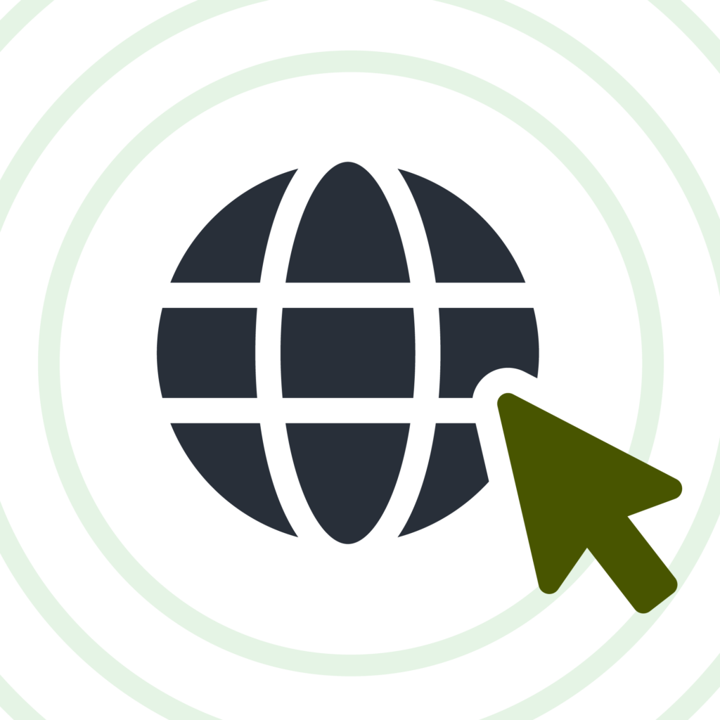 Abstract logo: a navy globe with grid lines, overlapped by a green arrow against pale circular rings.