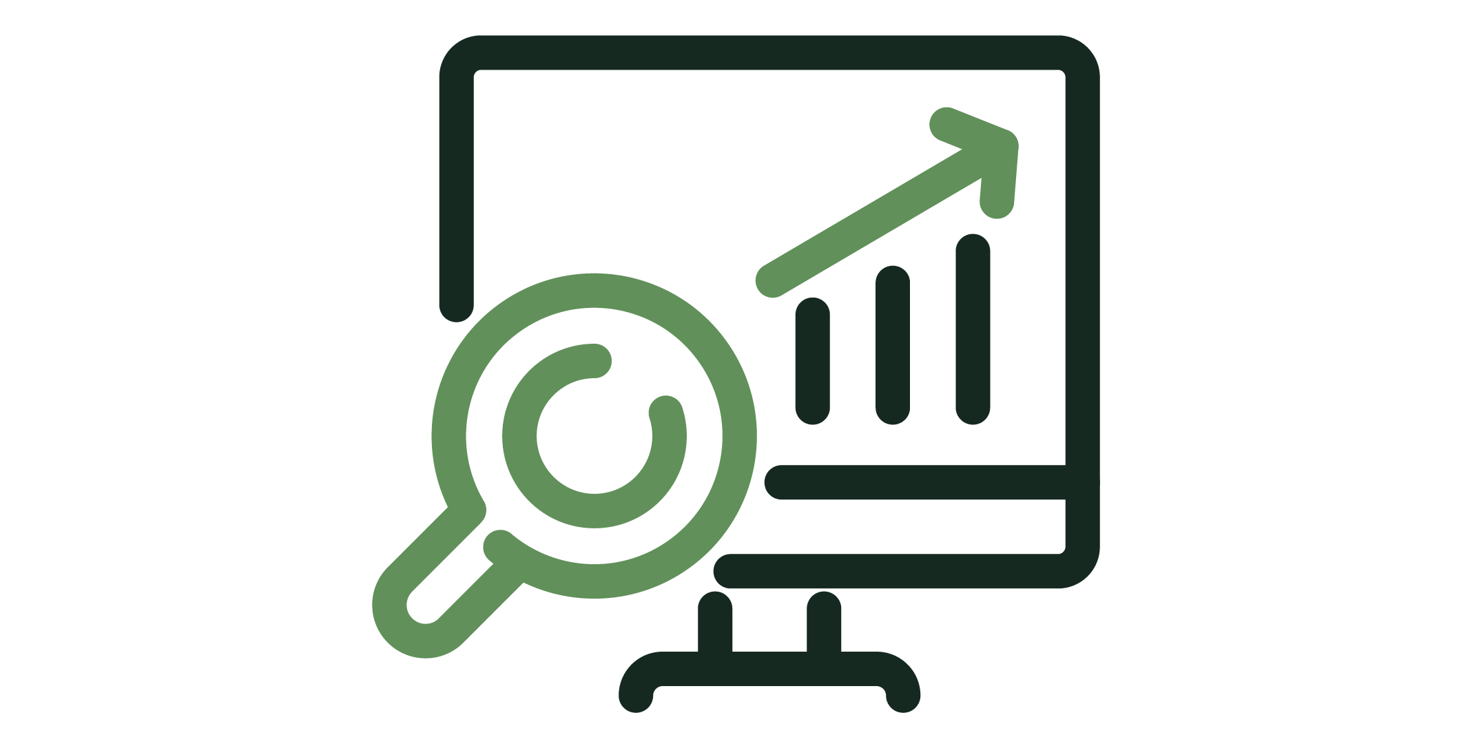 Desktop monitor icon with a rising bar chart and a magnifying glass, symbolizing analytics and growth.