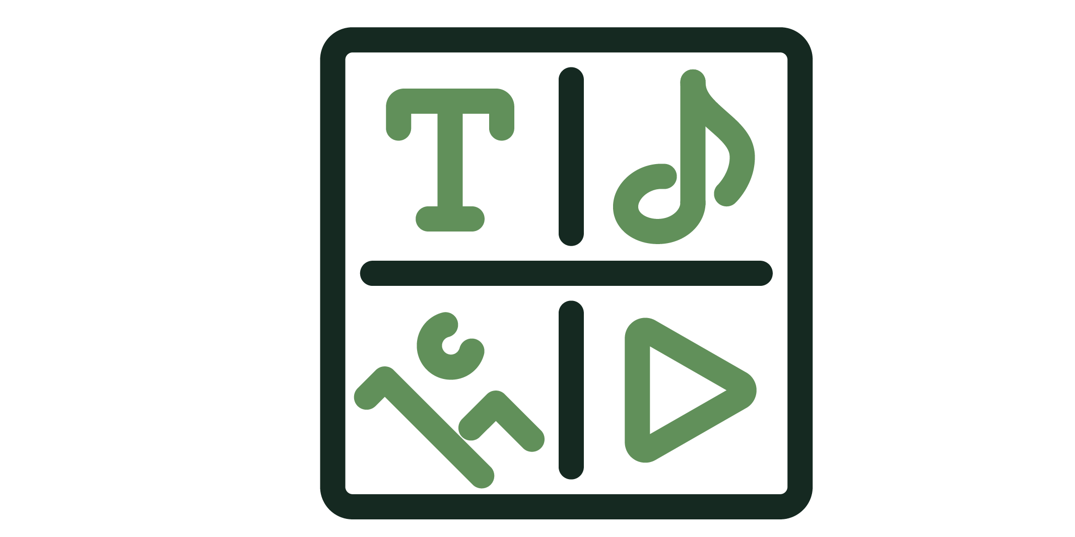 Abstract media/logo icon inside a rounded square: letters T and i with a musical note, a mountain motif, and a play button.
